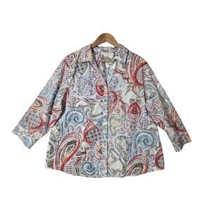 Chico's Lorena Top sz 3 (XL) White Multi Cotton Button Down Wrinkle Resistant